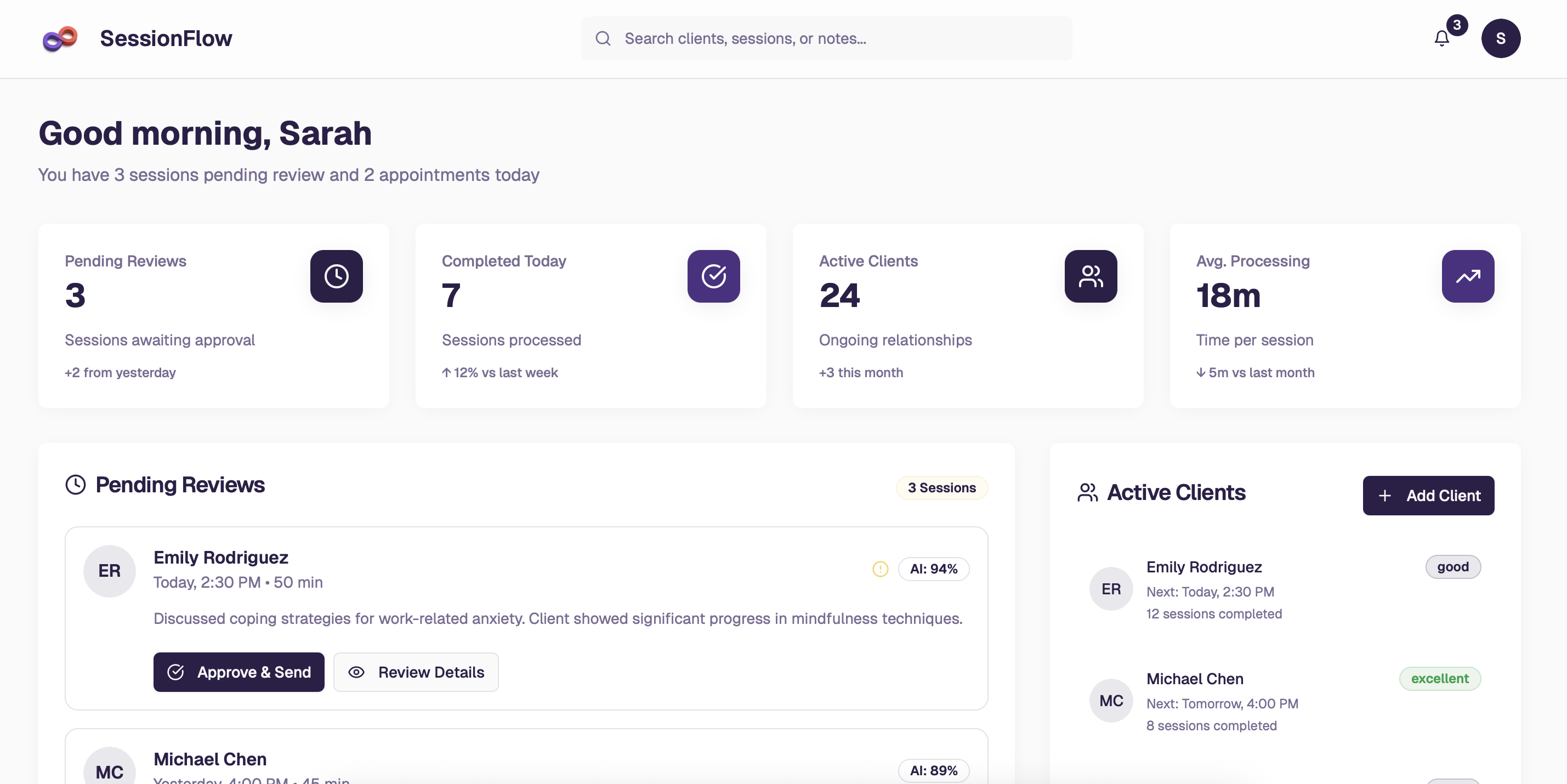 SessionFlow dashboard and mobile chat interface
